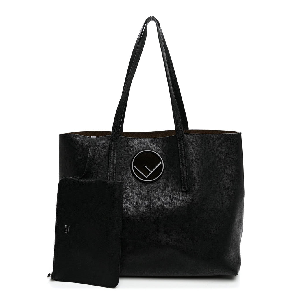Fendi Vitello Vienna Enamel F is Fendi Shopping Tote Black Taupe