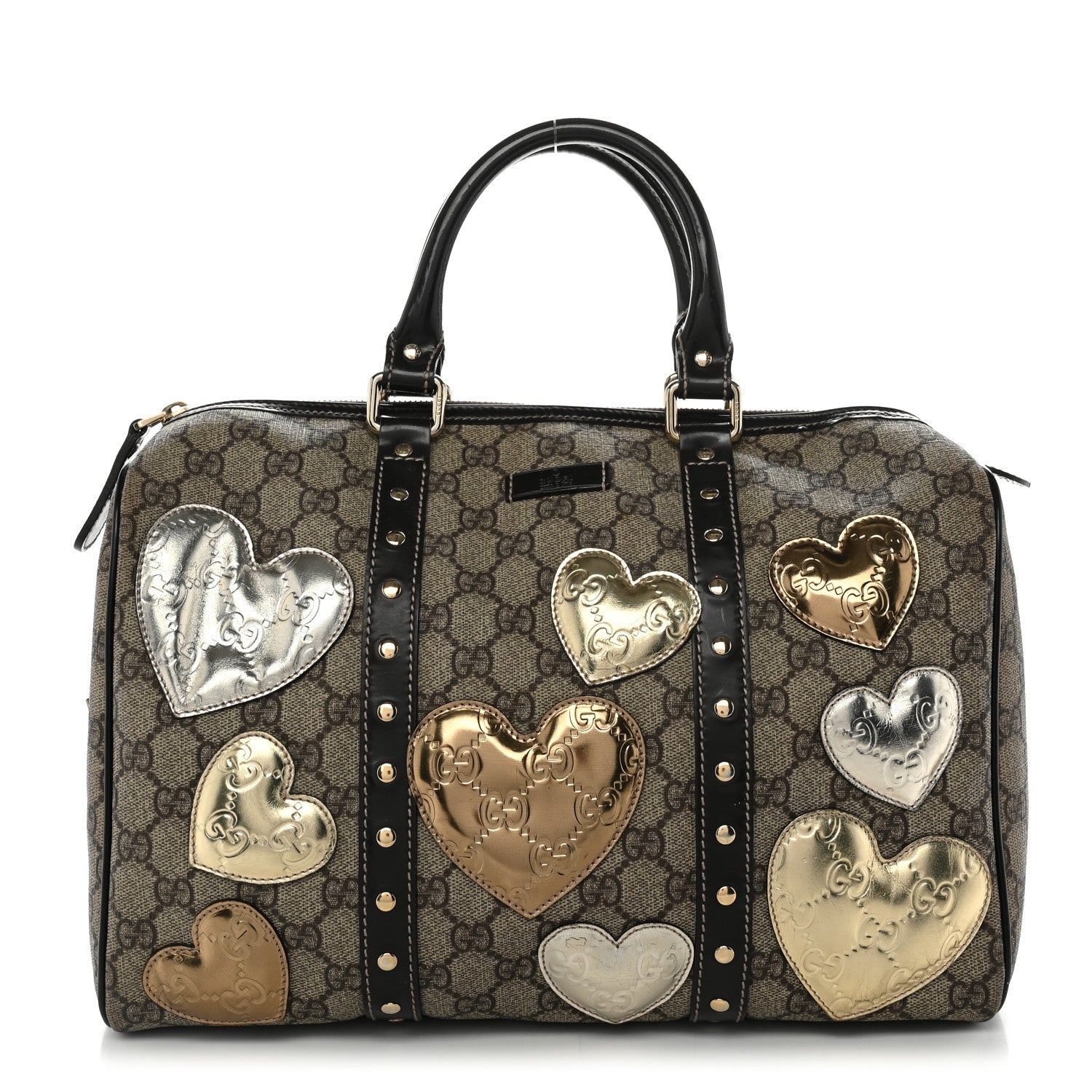 Gucci Monogram Guccissima Hearts Studded Medium Joy Boston Dark Brown