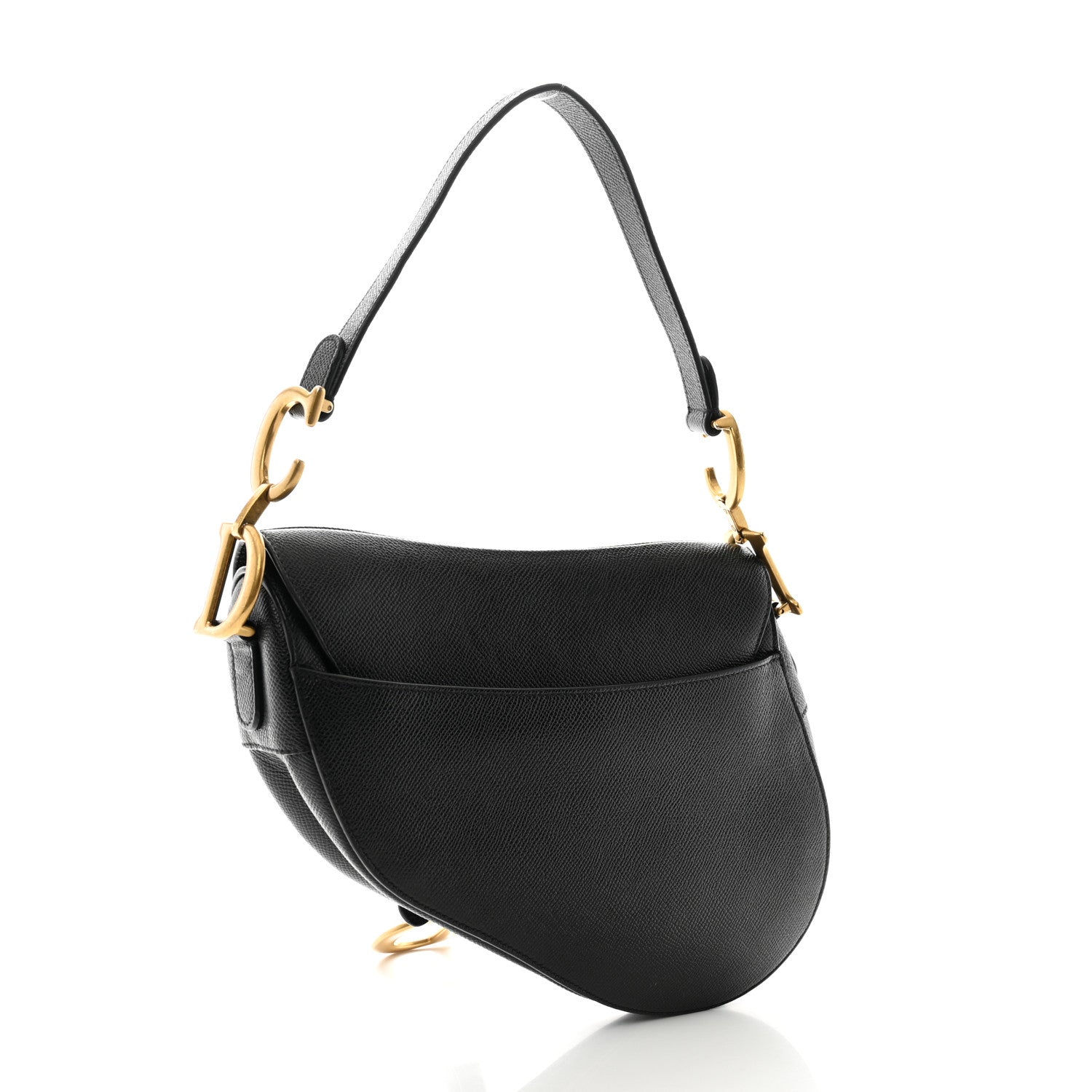 Back view — Dior Saddle Bag Small in black grained calfskin with antique gold-tone D stirrup and adjustable shoulder strap