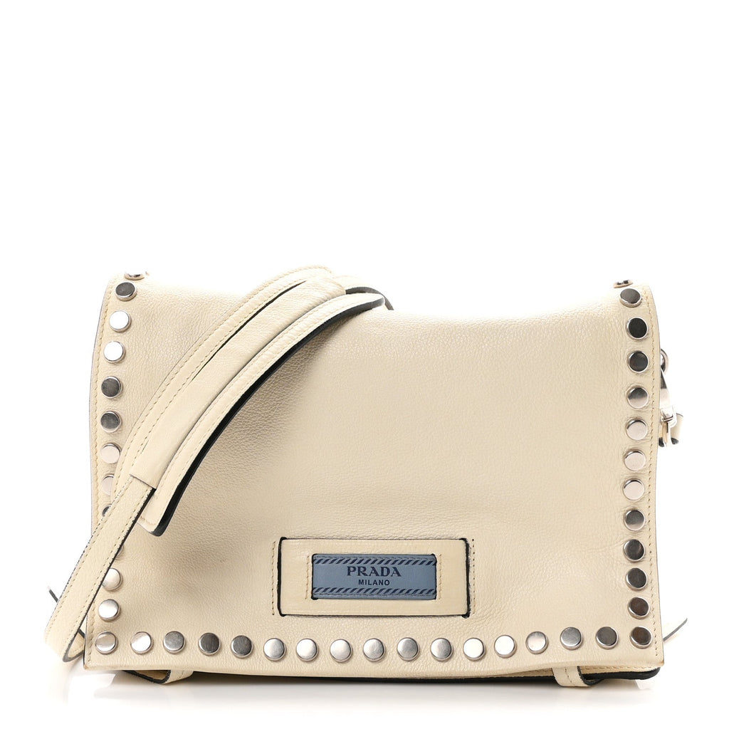 Prada Glace Calf Studded Etiquette Flap Bianco Astra