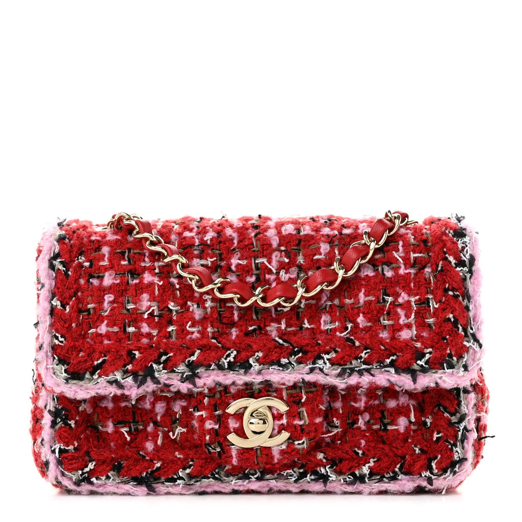 Chanel Tweed Quilted Mini Rectangular Flap Red Pink Multicolor