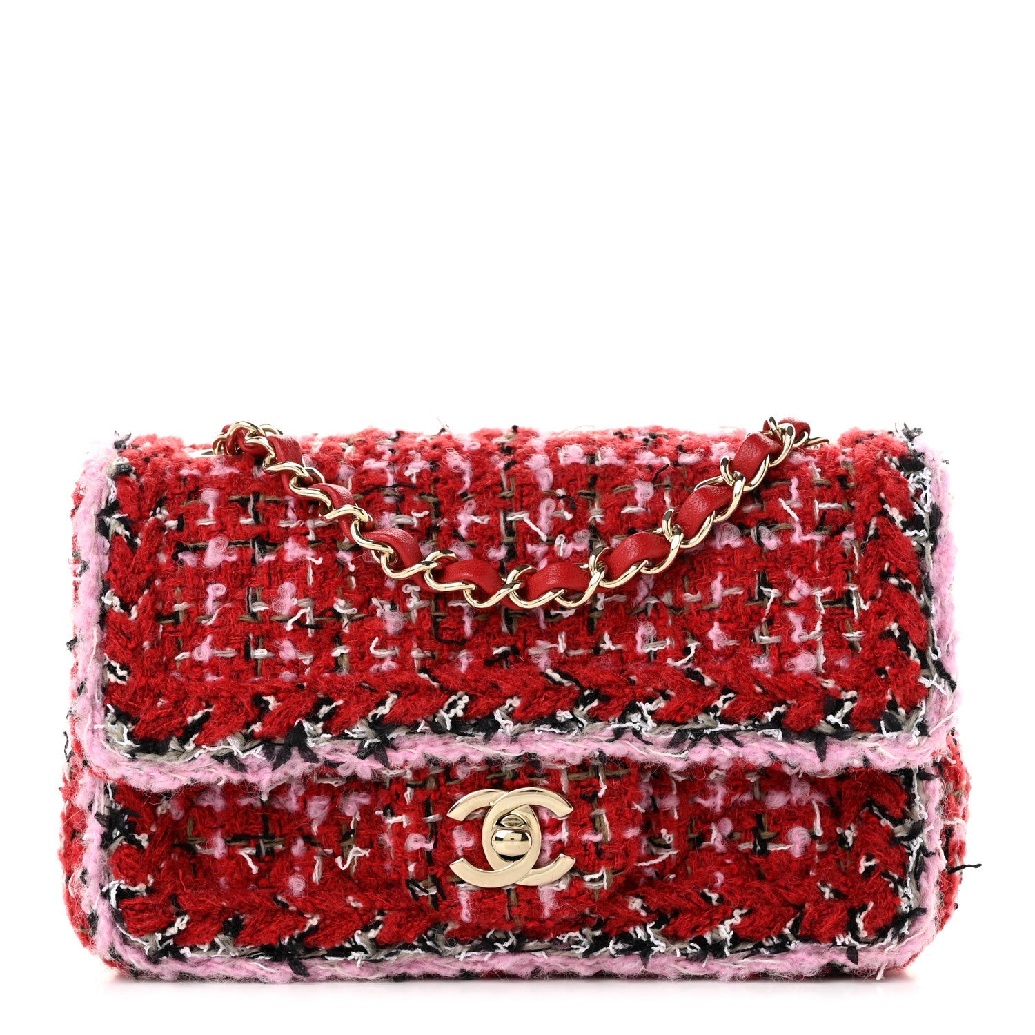 Chanel Tweed Quilted Mini Rectangular Flap Red Pink Multicolor