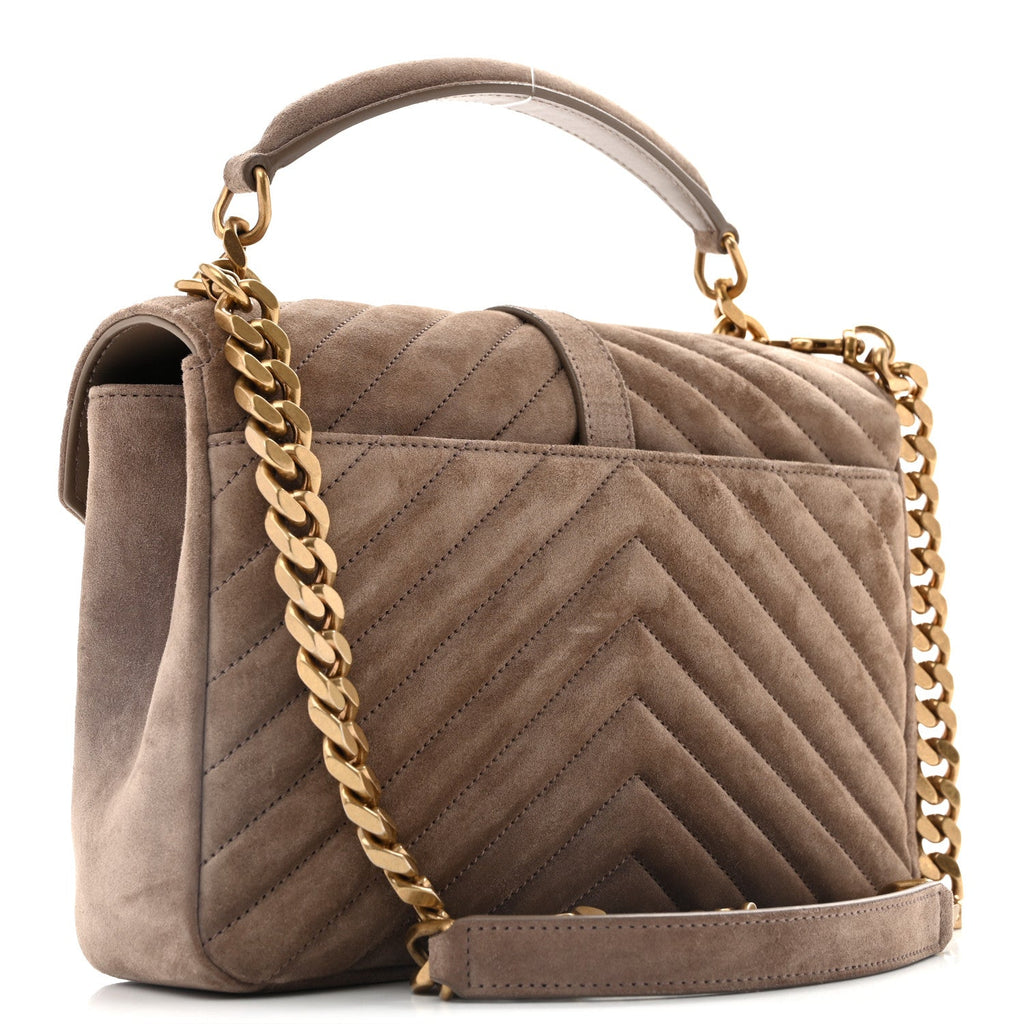 Saint Laurent Suede Matelasse Chevron Monogram Medium College Bag Taupe