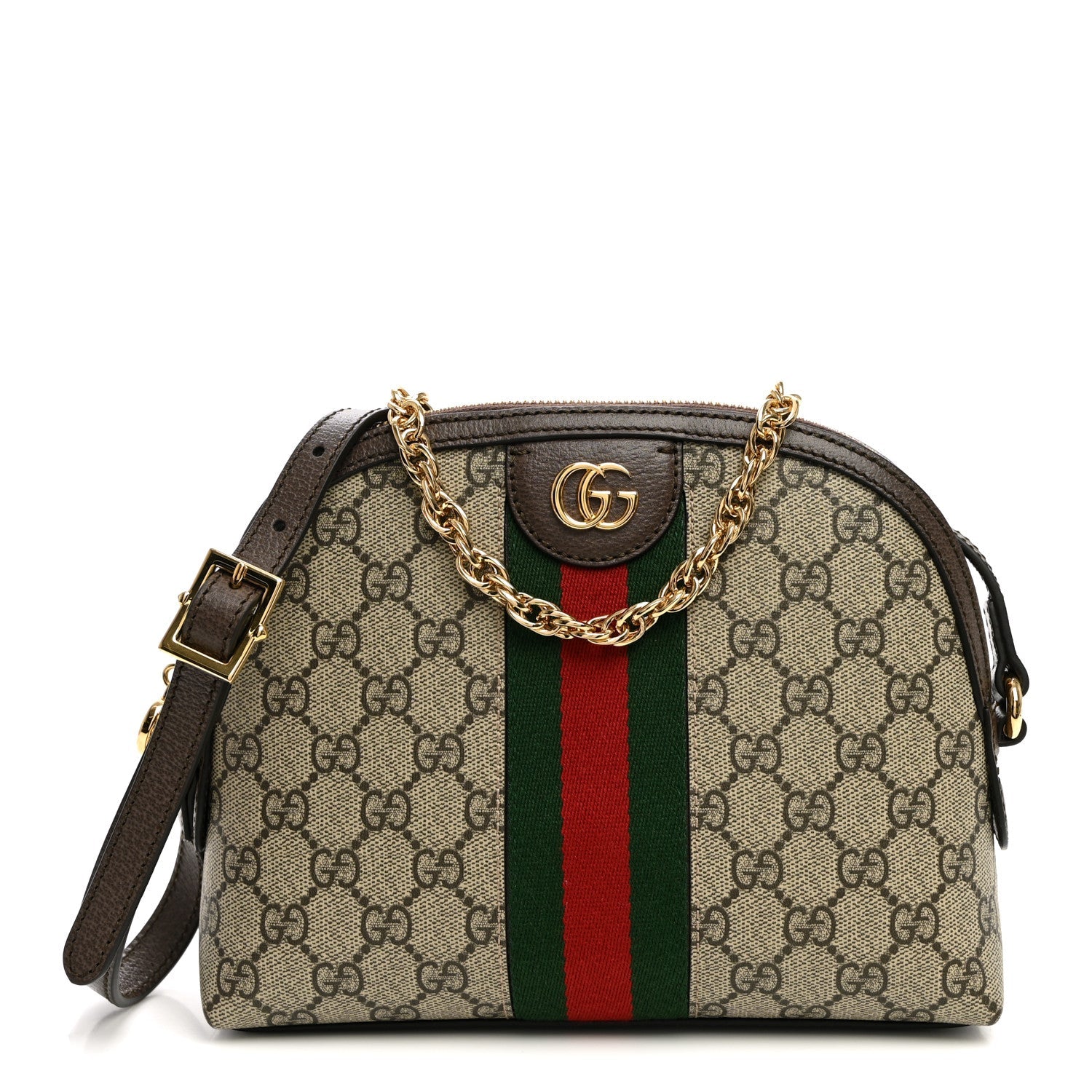 Gucci GG Supreme Monogram Textured Dollar Calfskin Web Small Ophidia Dome Shoulder Bag Beige Ebony New Acero
