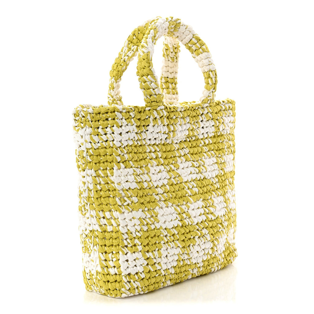 Prada Yarn Raffia Effect Crochet Embroidered Small Logo Tote Citron Yellow