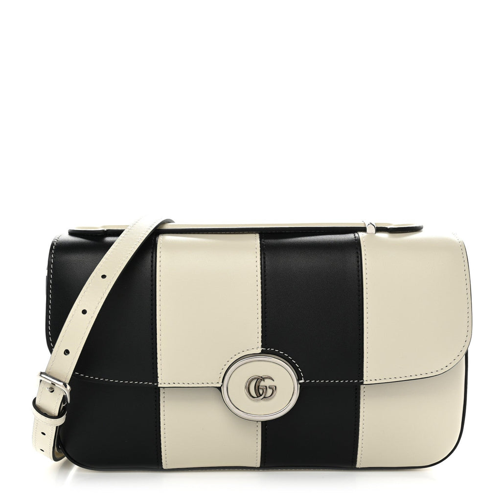 Gucci Senna Calfskin Lines Petite GG Top Handle Shoulder Bag Black Mystic White