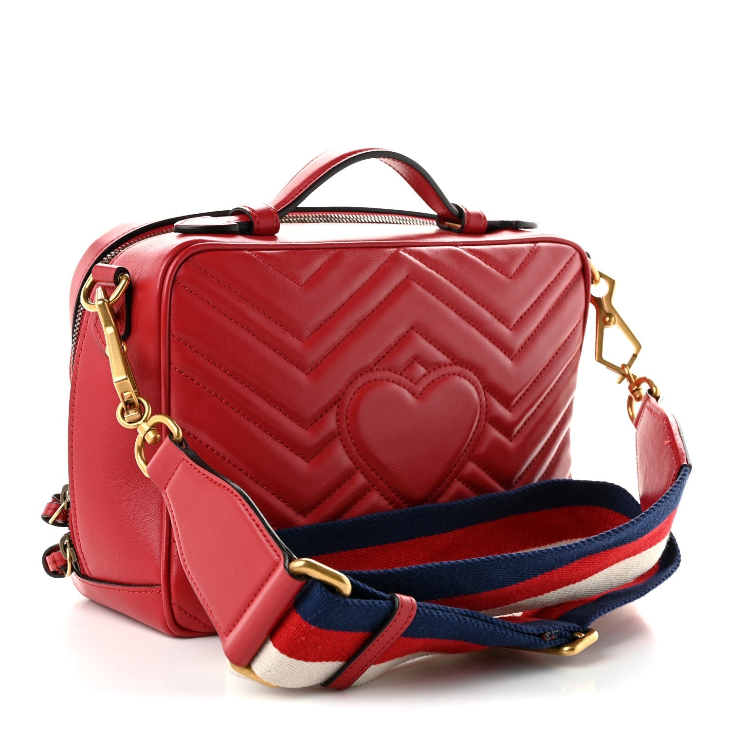 Gucci Calfskin Matelasse Sylvie Web Small GG Marmont Top Handle Shoulder Bag Hibiscus Red