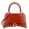 Balenciaga Shiny Calfskin Crocodile Embossed Small Hourglass Top Handle Bag Camel