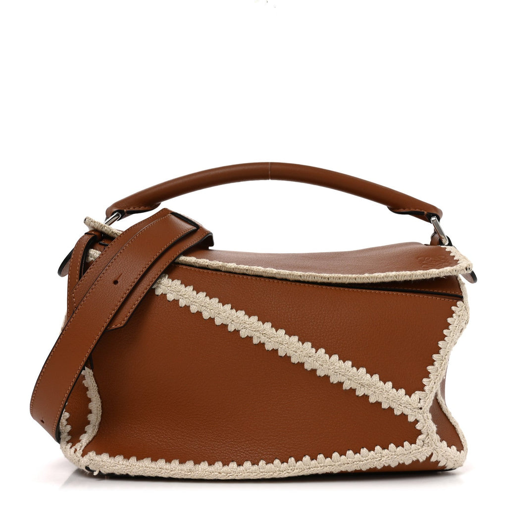 Loewe Calfskin Crochet Trim Medium Puzzle Bag Tan