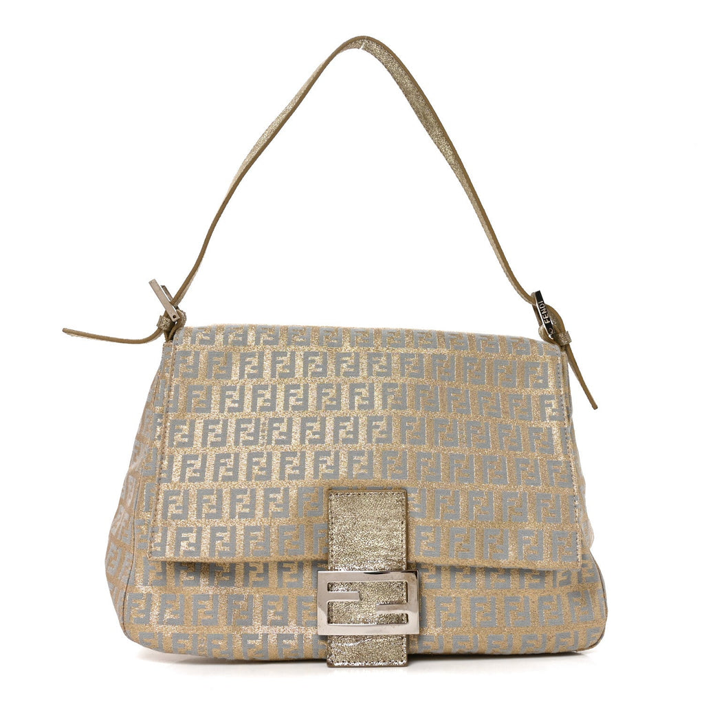 Fendi Metallic Jacquard Zucchino Suede Mama Baguette Peltro Argento Sabbia