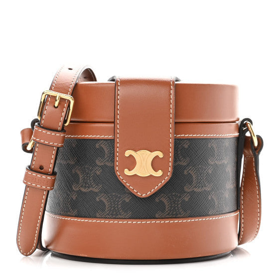 Celine Calfskin Triomphe Canvas Medium Tambour Bag Tan