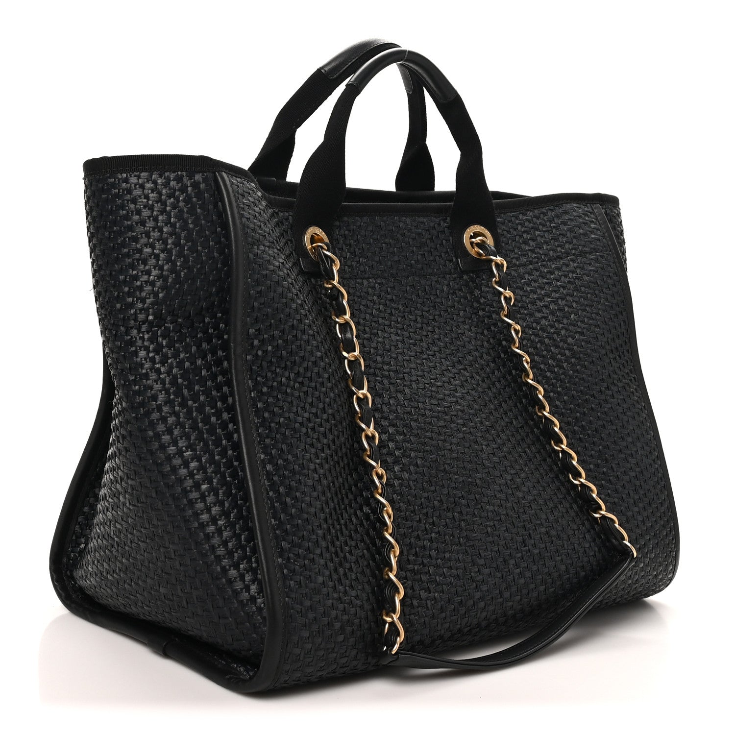Chanel Straw Raffia Calfskin Chain Medium Deauville Tote Black