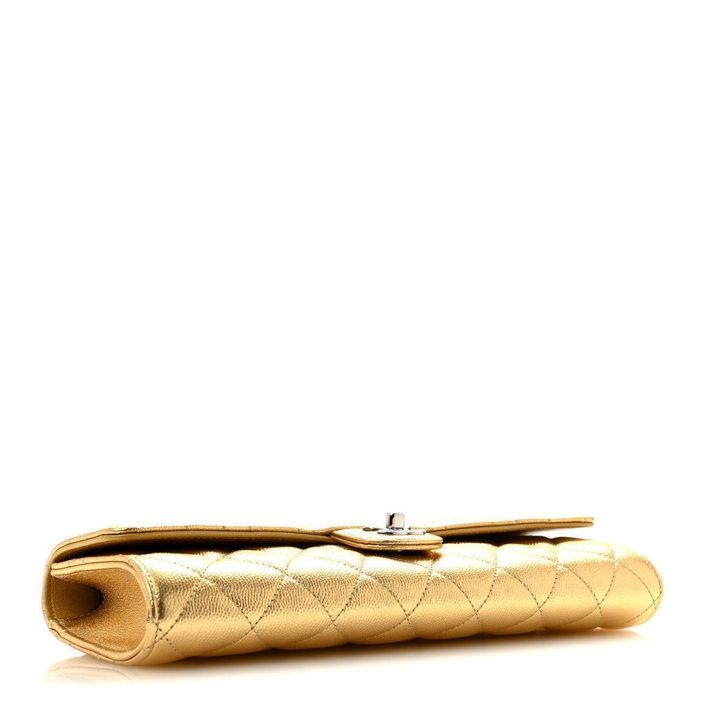 Chanel Metallic Caviar Quilted Top Handle Long Clutch With Chain Gold