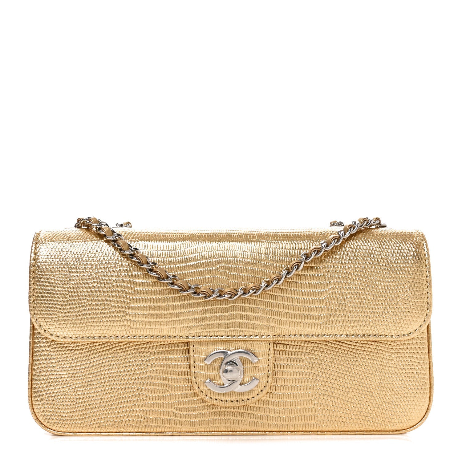 Chanel Metallic Calfskin Lizard Embossed Small East West Flap Gold