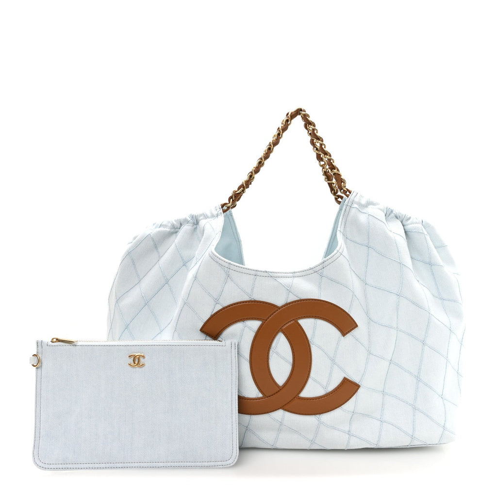 Chanel Denim Calfskin Quilted Coco Beach Small Shopping Tote Light Blue Brown