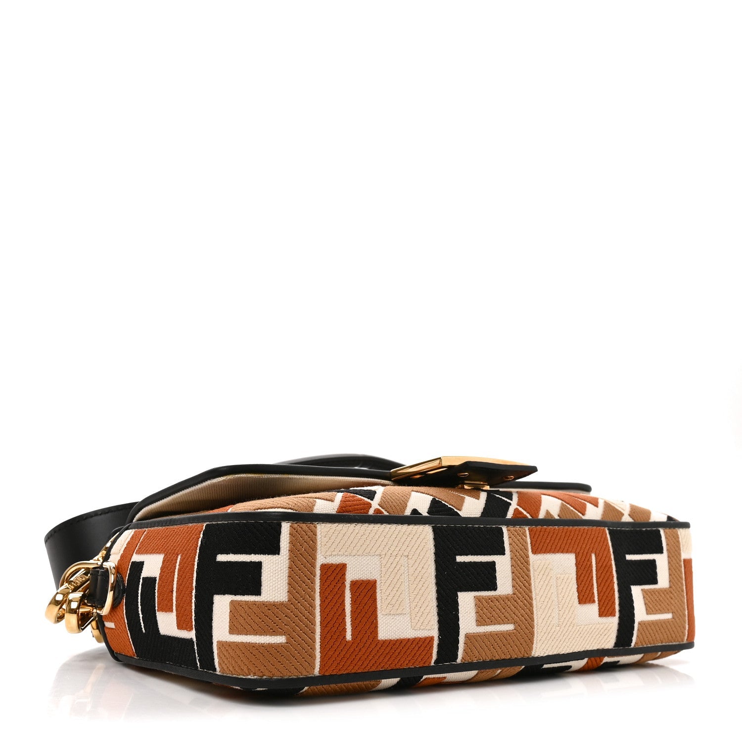 Fendi Canvas Vitello Seta FF Embroidered Baguette Brandy Black