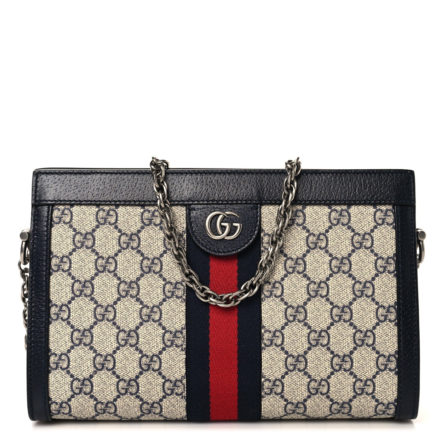 Gucci GG Supreme Monogram Textured Dollar Calfskin Web Small Ophidia Chain Shoulder Bag Beige Blue