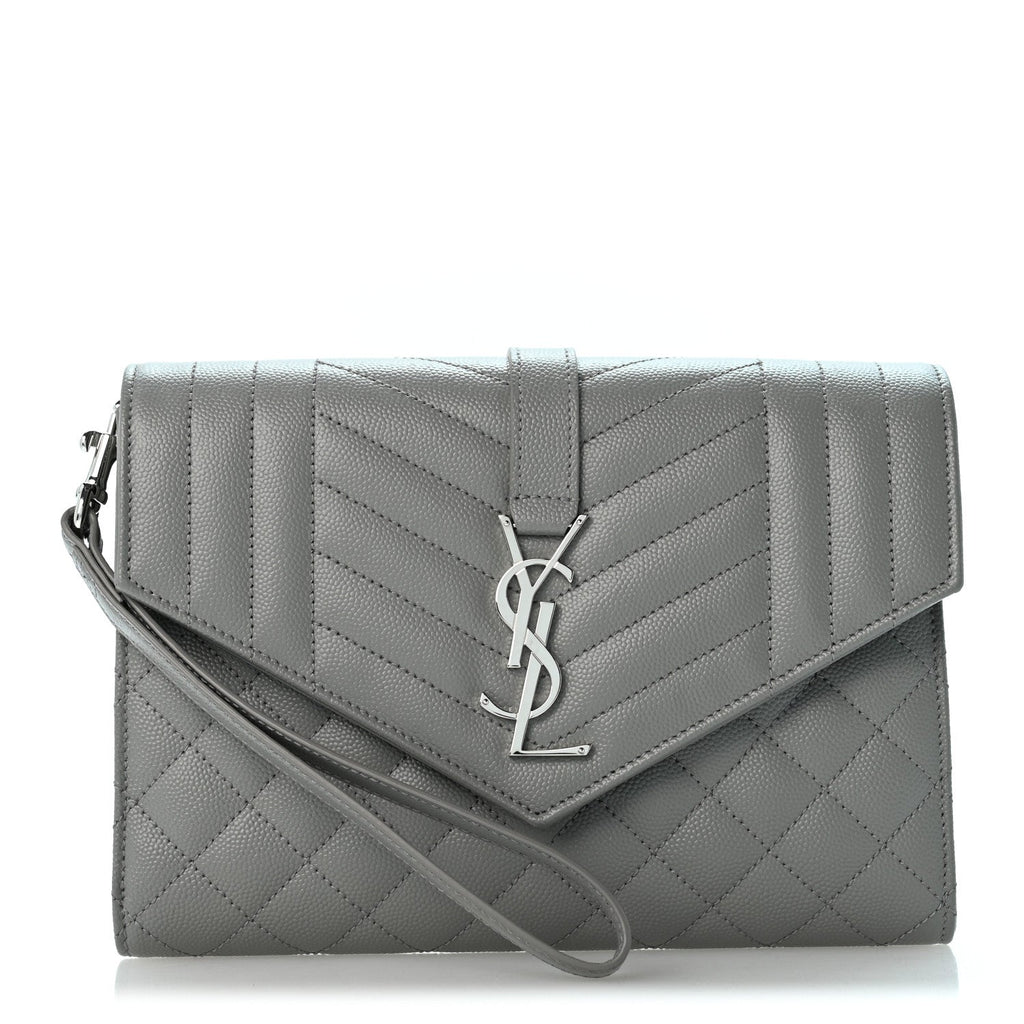 Saint Laurent Grain De Poudre Textured Mixed Matelasse Triquilt Monogram Clutch New Stone Grey