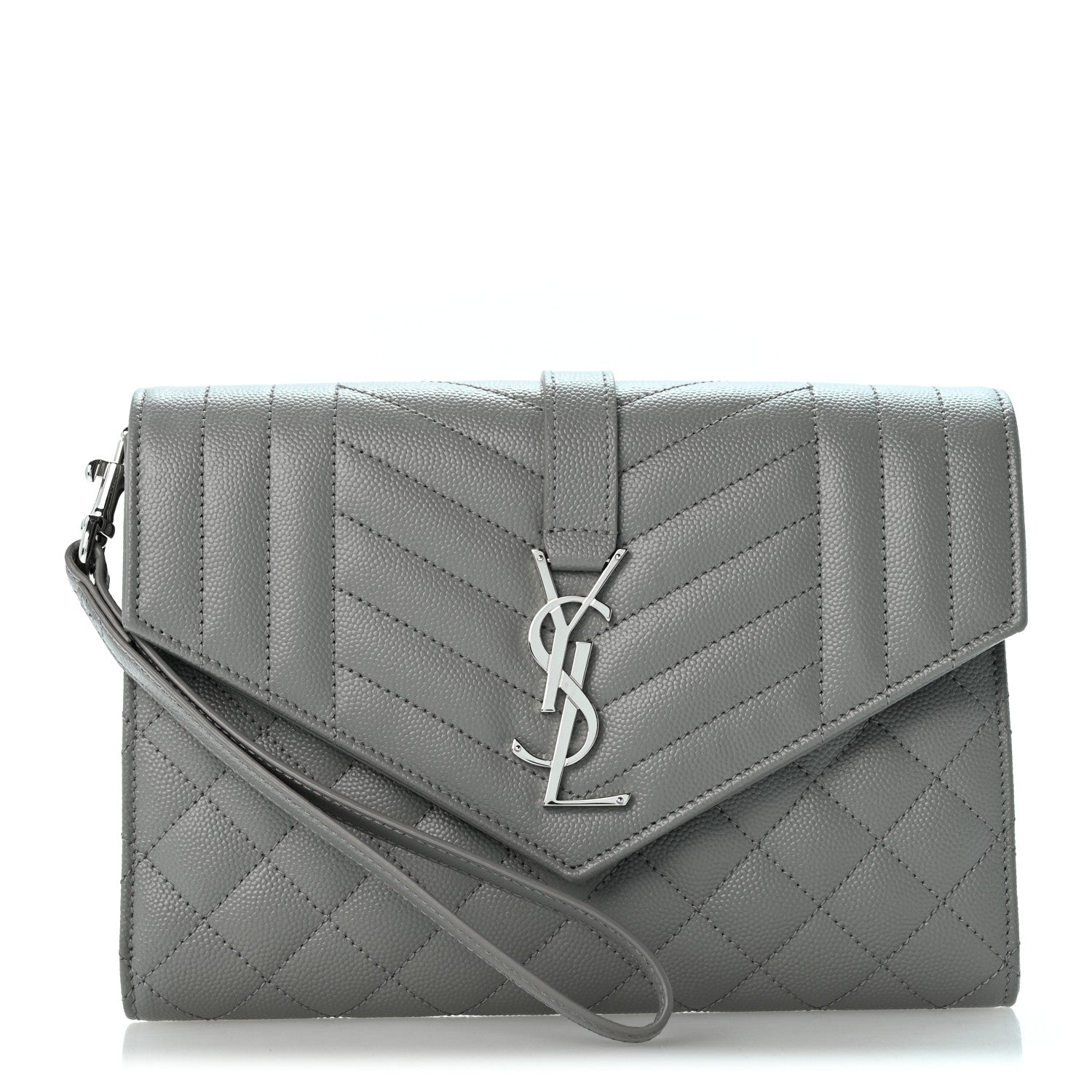 Saint Laurent Grain De Poudre Textured Mixed Matelasse Triquilt Monogram Clutch New Stone Grey