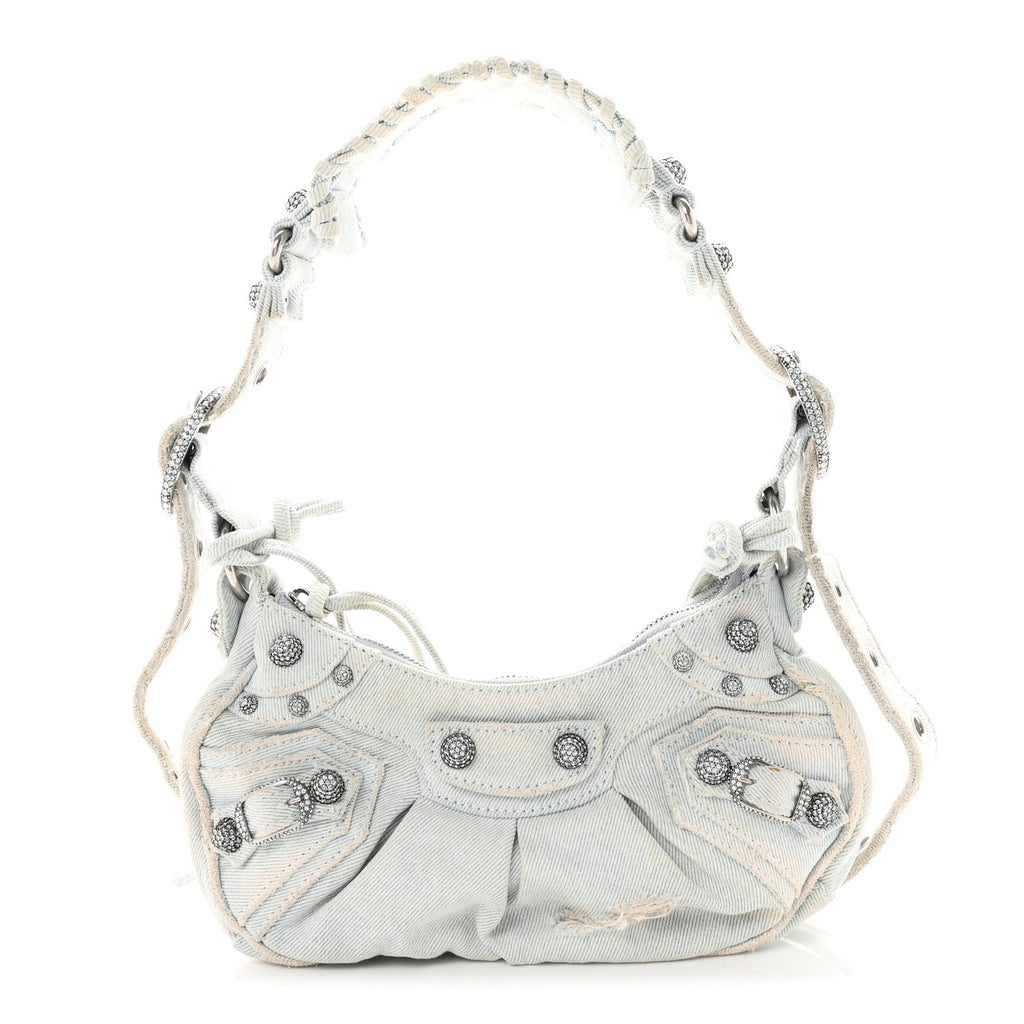 Balenciaga Washed Frayed Denim Crystal XS Le Cagole Shoulder Bag Pale Blue