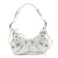 Balenciaga Washed Frayed Denim Crystal XS Le Cagole Shoulder Bag Pale Blue