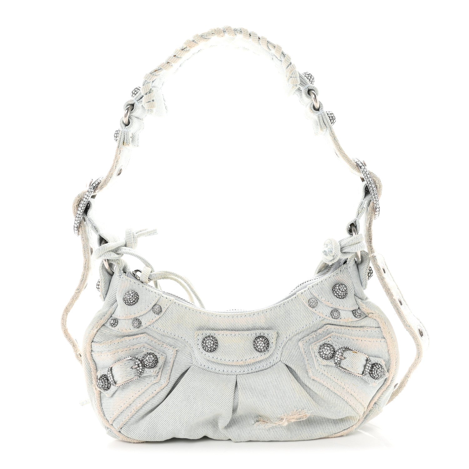 Balenciaga Washed Frayed Denim Crystal XS Le Cagole Shoulder Bag Pale Blue