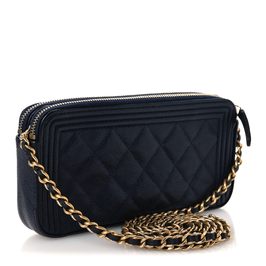 Chanel Caviar Quilted Small Boy Clutch With Chain Dark Blue