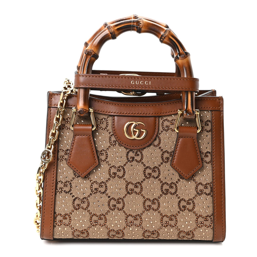 Gucci New Canvas Charisma Calfskin Crystal GG Monogram Mini Diana Tote Bag Camel Ebony