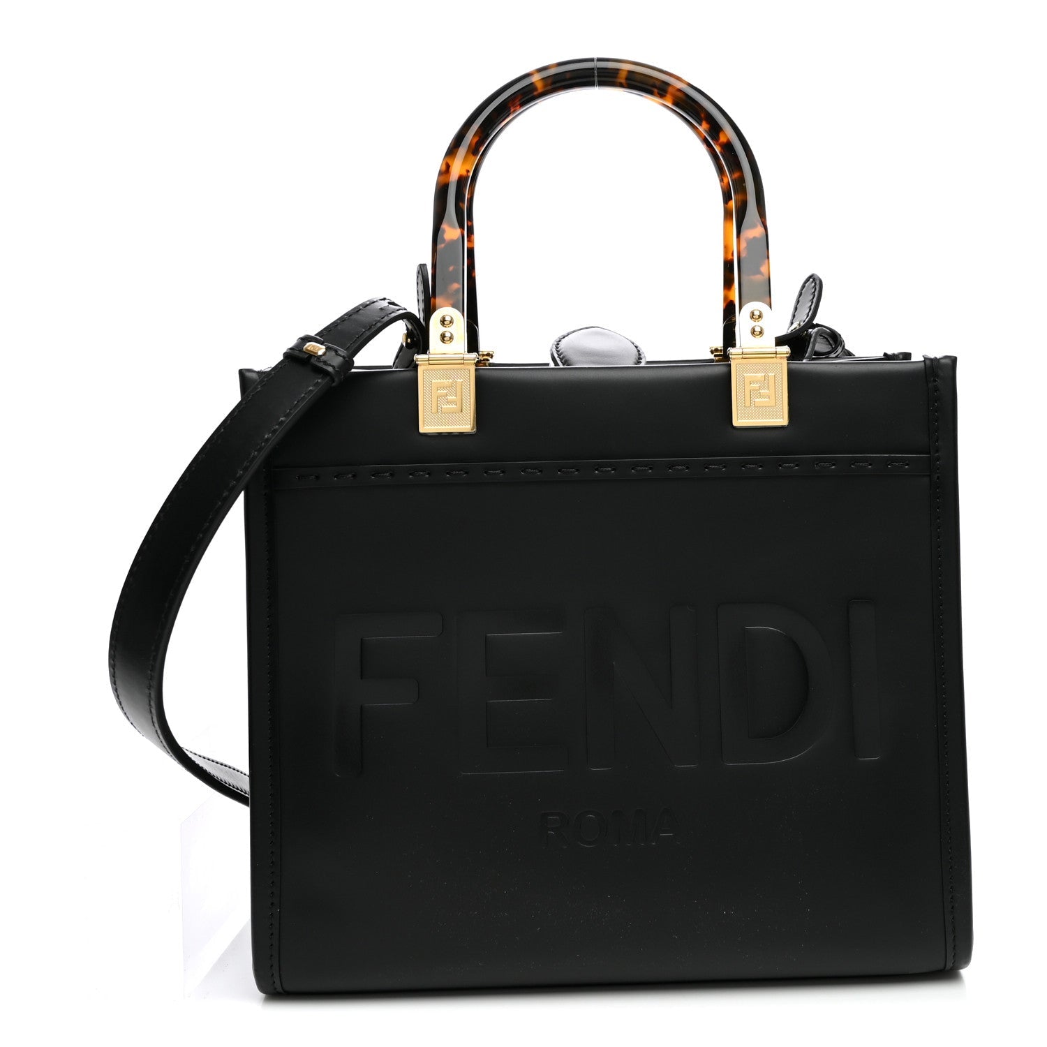 Fendi Vitello King Plexiglass Logo Embossed Small Fendi Sunshine Shopper Tote Black