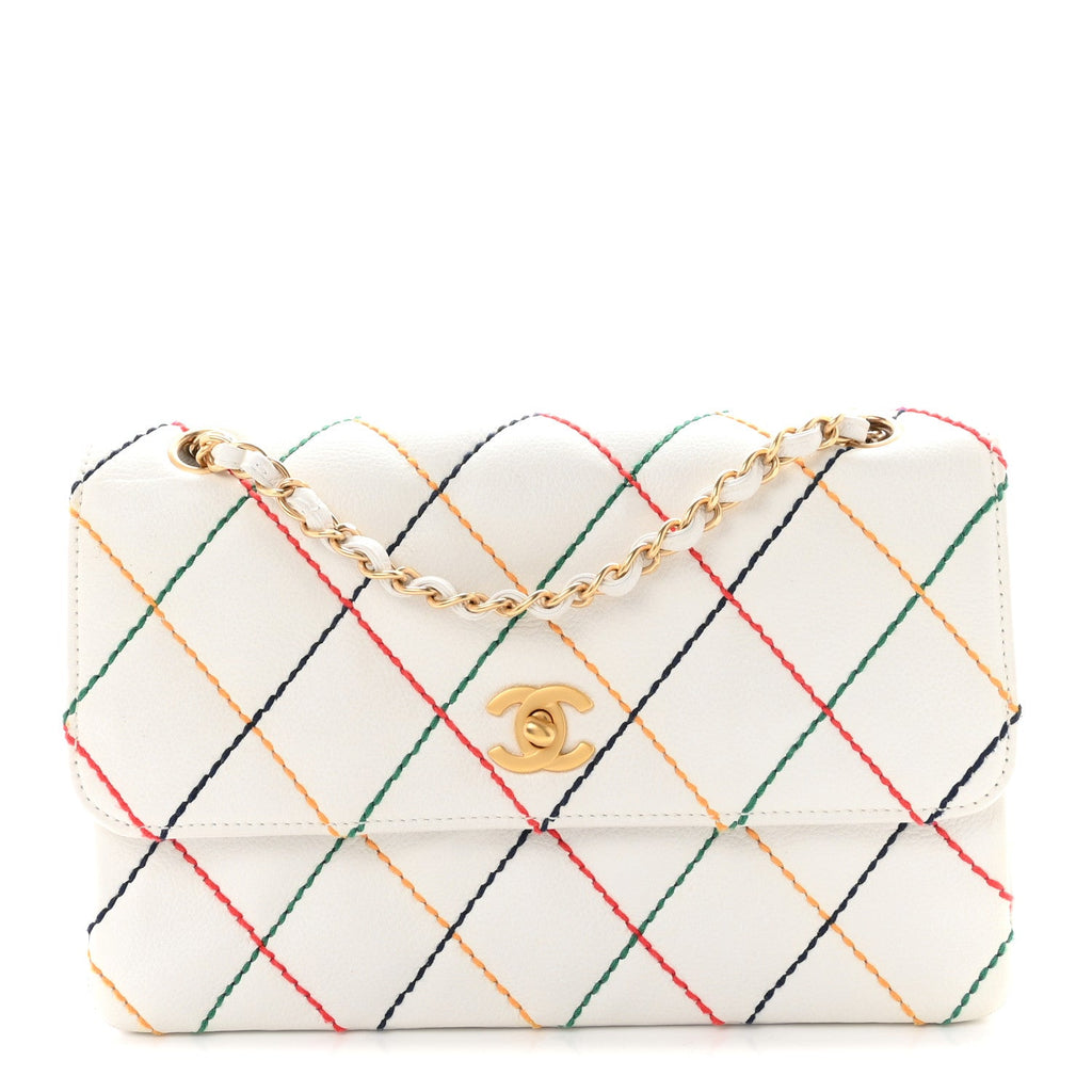 Chanel Calfskin Rainbow Stitched Medium Flap White Multicolor
