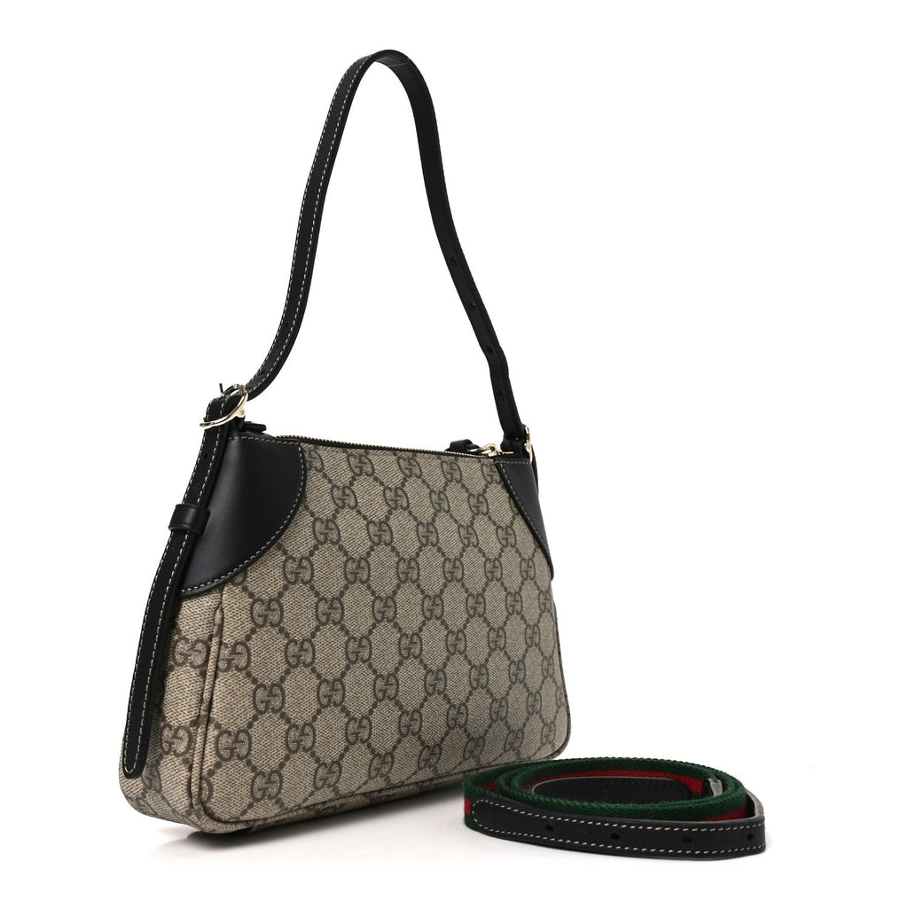Gucci GG Supreme Monogram Textured Calfskin Small Emblem Shoulder Bag Beige Black