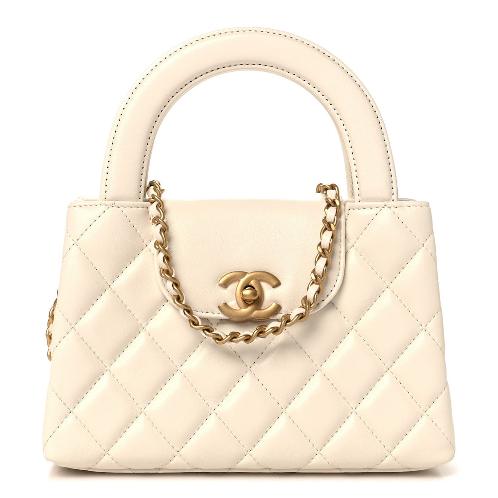 Chanel Shiny Aged Calfskin Quilted Nano Kelly Shopper White