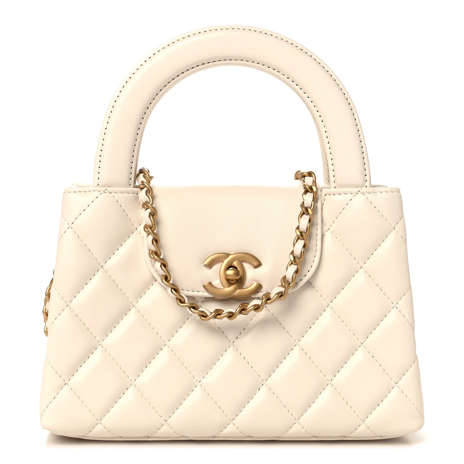 Chanel Shiny Aged Calfskin Quilted Nano Kelly Shopper White