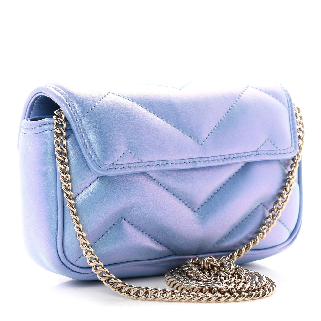 Gucci Iridescent Nappa Chevron Matelasse Super Mini GG Marmont Shoulder Bag Mindful Azure