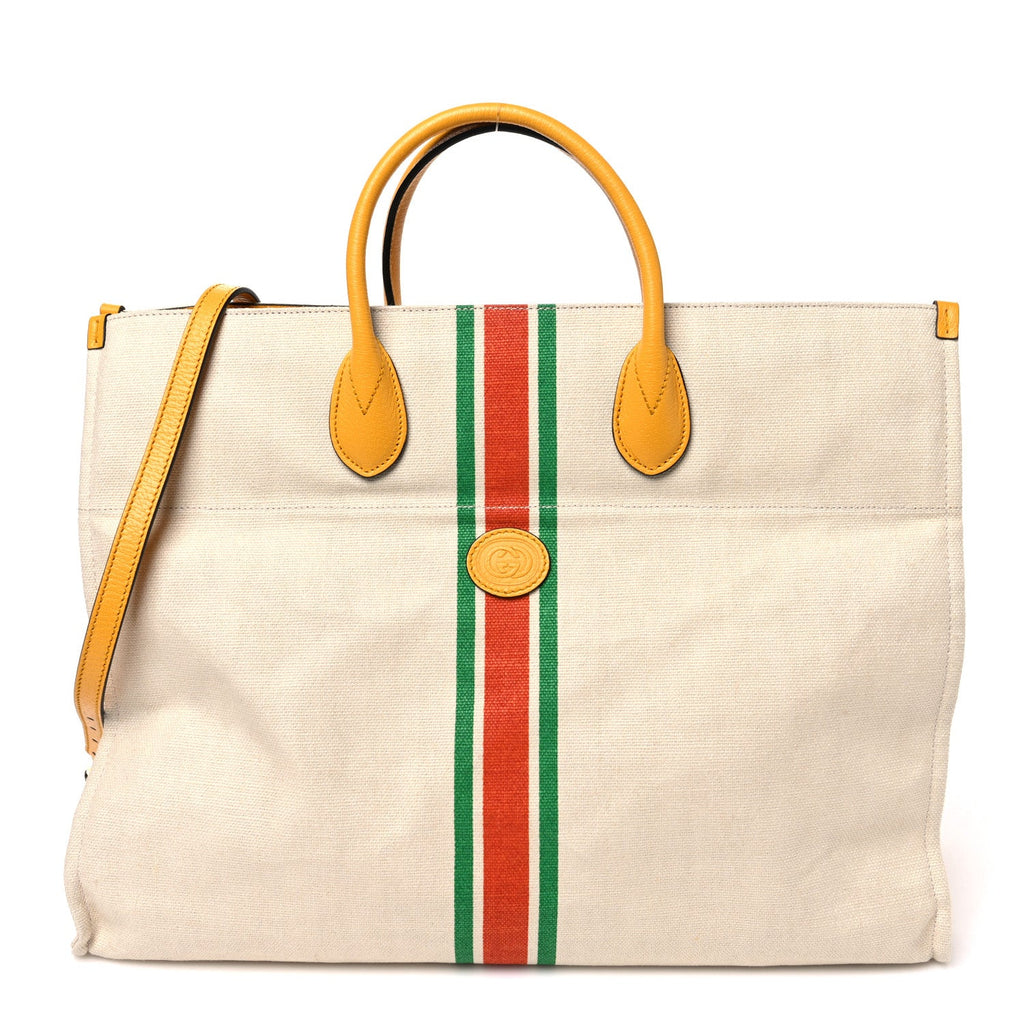 Gucci Linen Heavy Canvas Textured Dollar Calfskin Web Large Retro Interlocking G Foldable Tote Light Beige