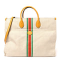 Gucci Linen Heavy Canvas Textured Dollar Calfskin Web Large Retro Interlocking G Foldable Tote Light Beige