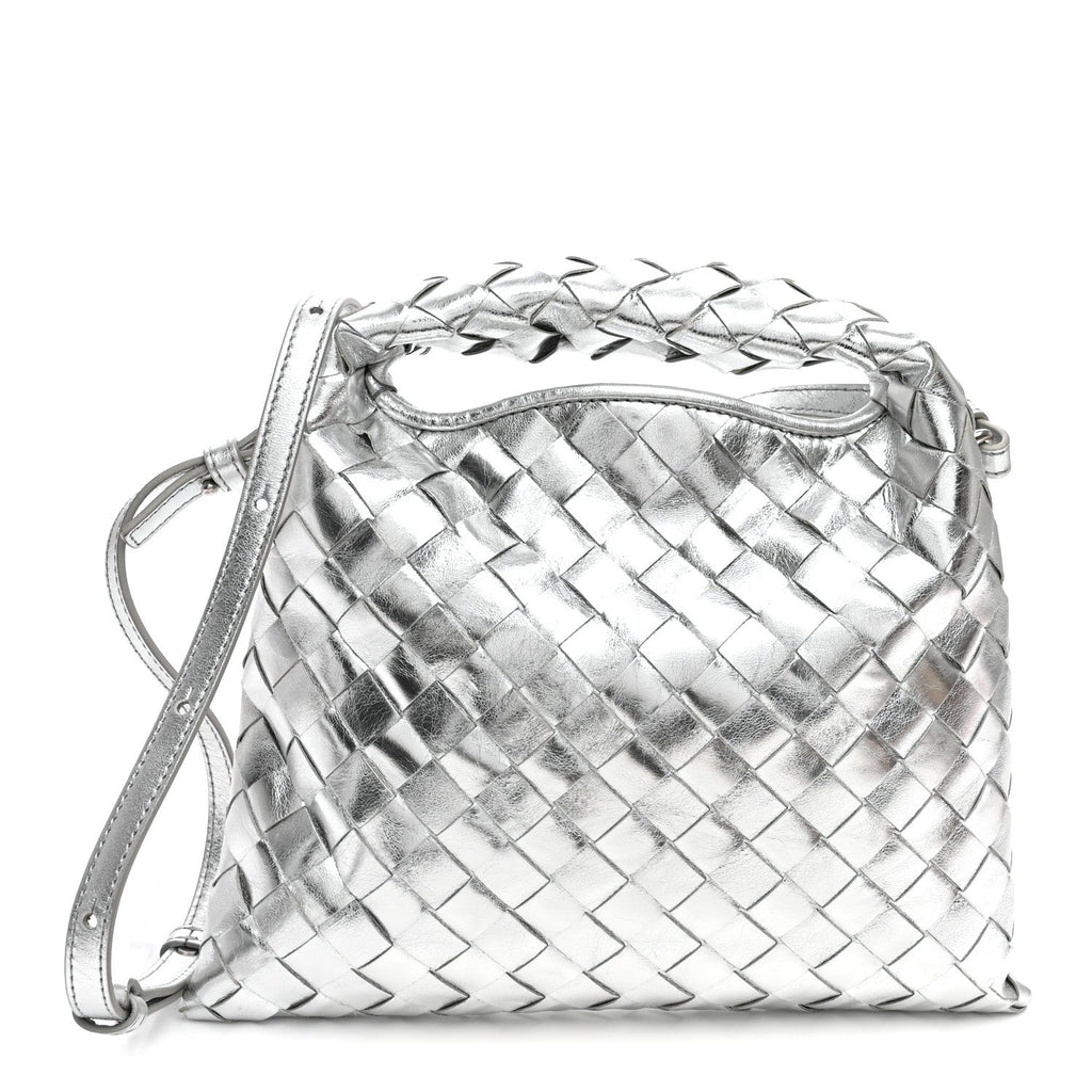 Bottega Veneta Metallic Lambskin Intrecciato Mini Hop Silver