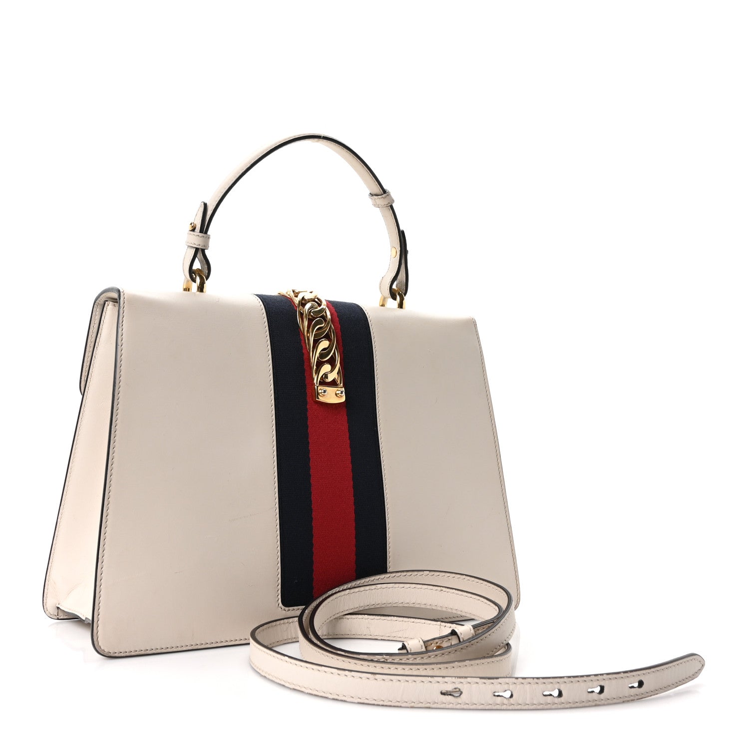 Gucci Calfskin Web Medium Sylvie Top Handle Bag White