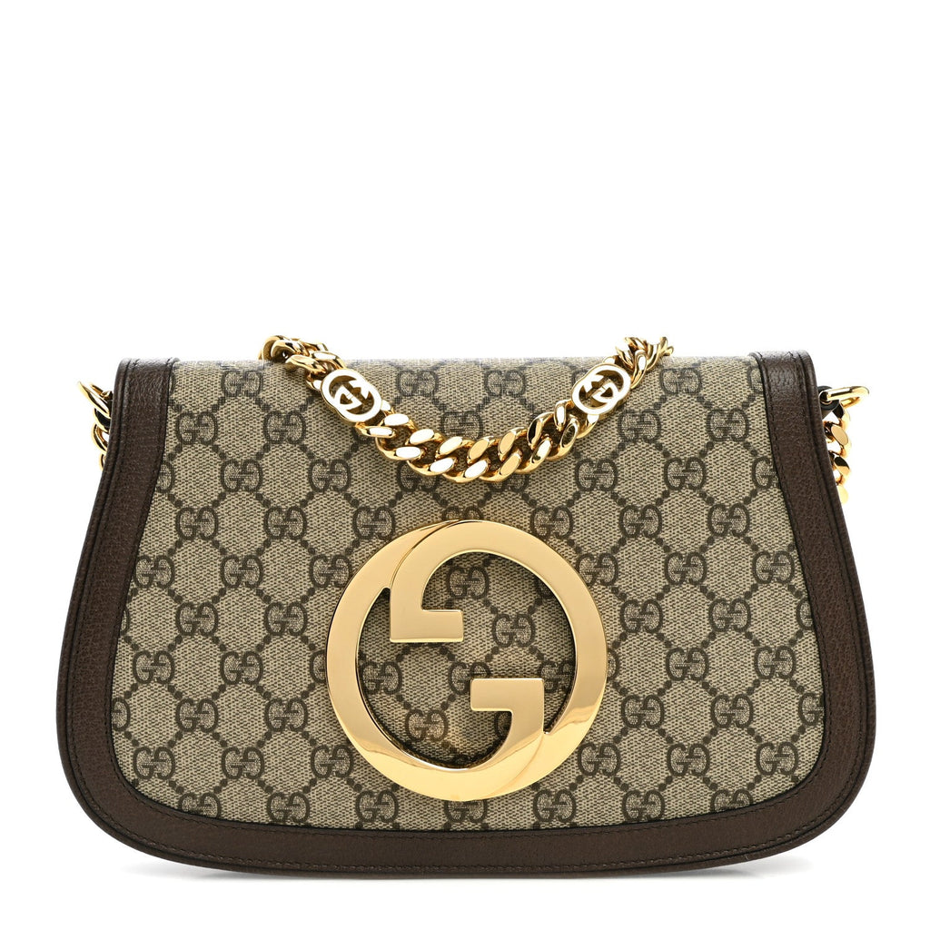 Gucci GG Supreme Monogram Textured Dollar Calfskin Blondie Chain Shoulder Flap Bag Beige Ebony New Acero
