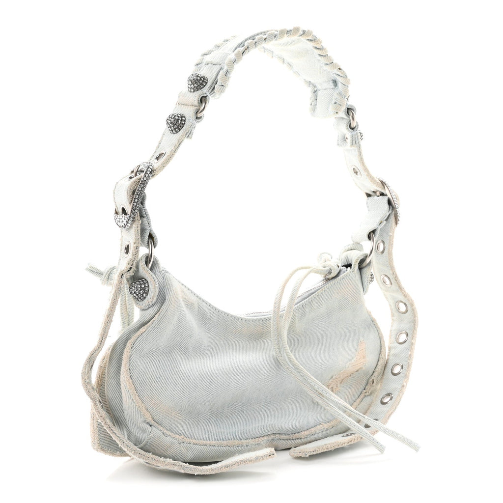 Balenciaga Washed Frayed Denim Crystal XS Le Cagole Shoulder Bag Pale Blue