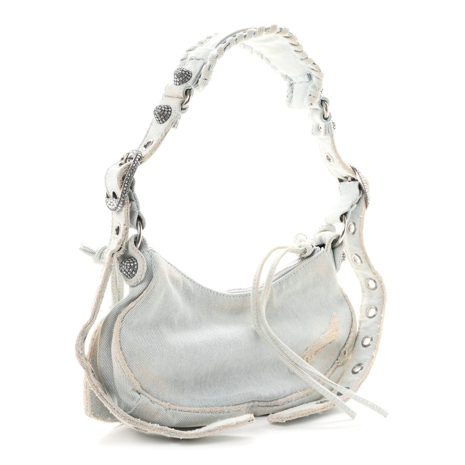 Balenciaga Washed Frayed Denim Crystal XS Le Cagole Shoulder Bag Pale Blue