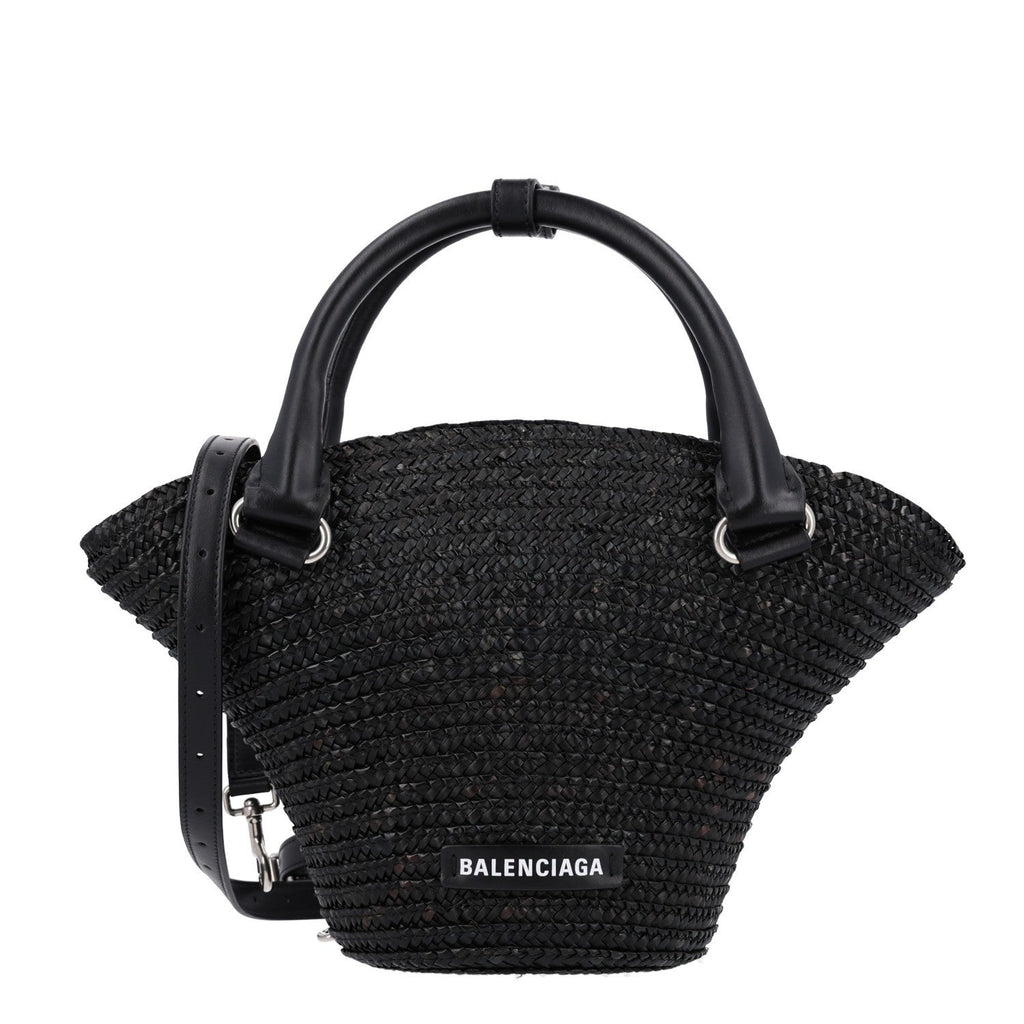 BALENCIAGA MEN'S LE CAGOLE MEDIUM TOTE IN BLACK RAFFIA