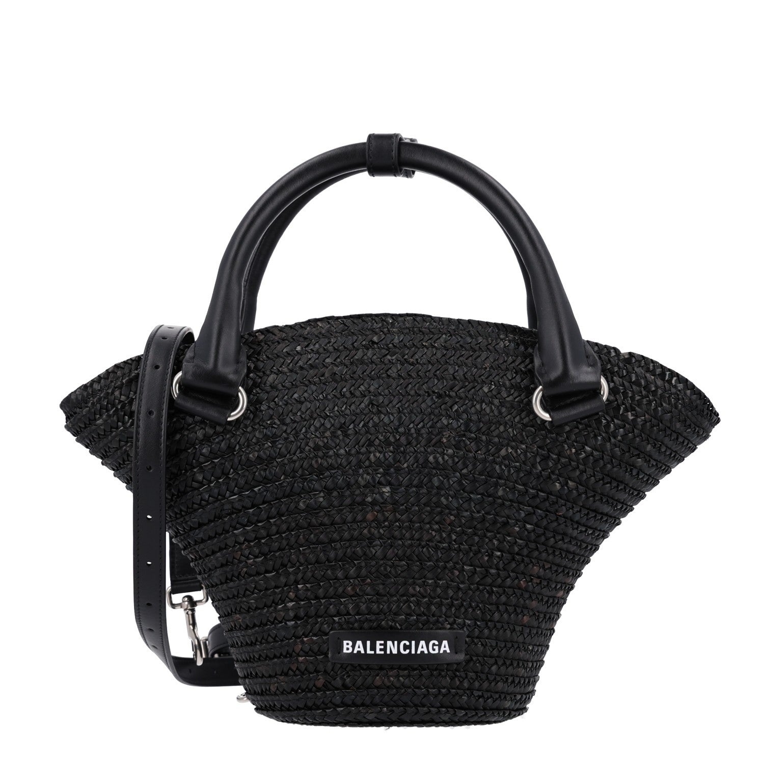 BALENCIAGA MEN'S LE CAGOLE MEDIUM TOTE IN BLACK RAFFIA