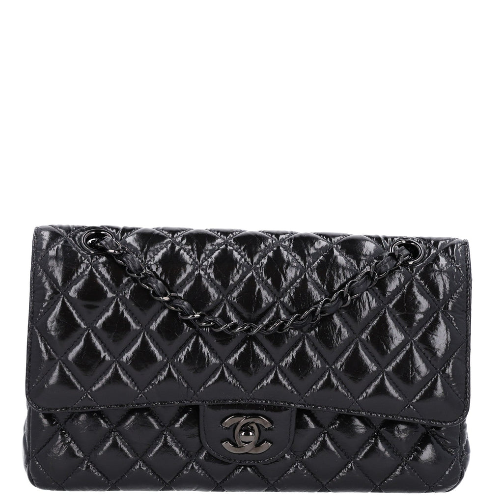Chanel Shiny Crumpled Calfskin Quilted Medium Double Flap So Black