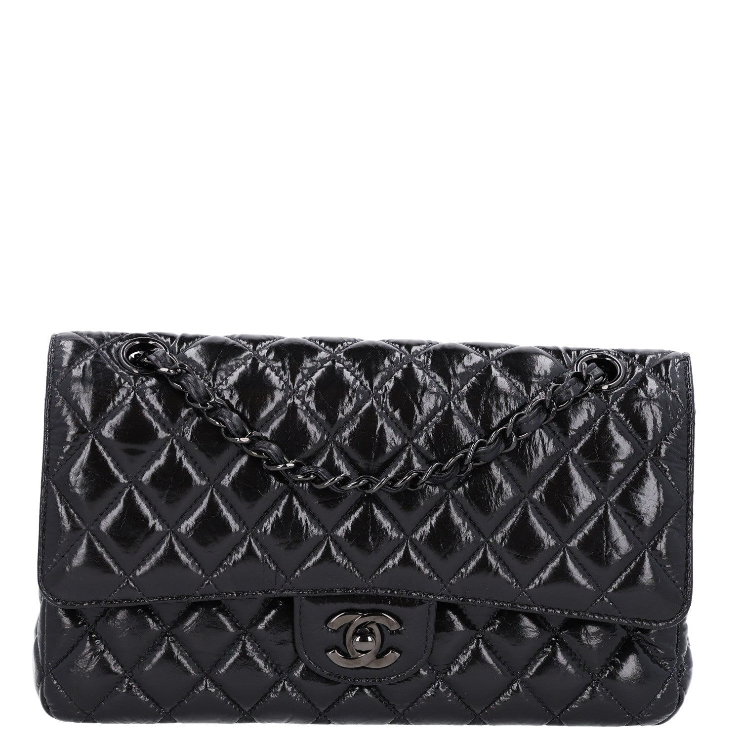 Chanel Shiny Crumpled Calfskin Quilted Medium Double Flap So Black
