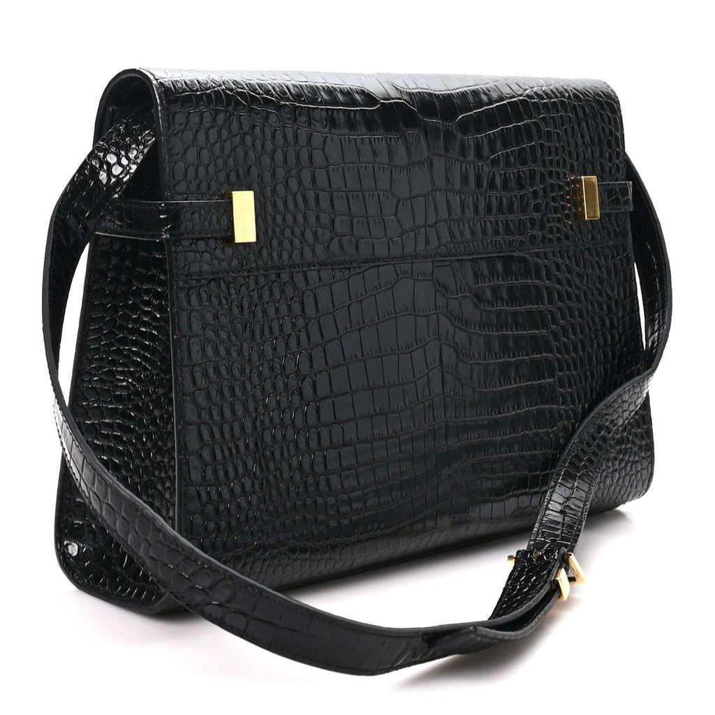 Saint Laurent Shiny Calfskin Crocodile Embossed Manhattan Baguette Black