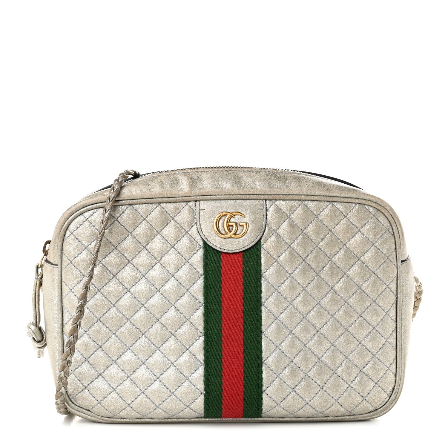Gucci Laminated Nappa Web Trapuntata Mini GG Shoulder Bag Argento