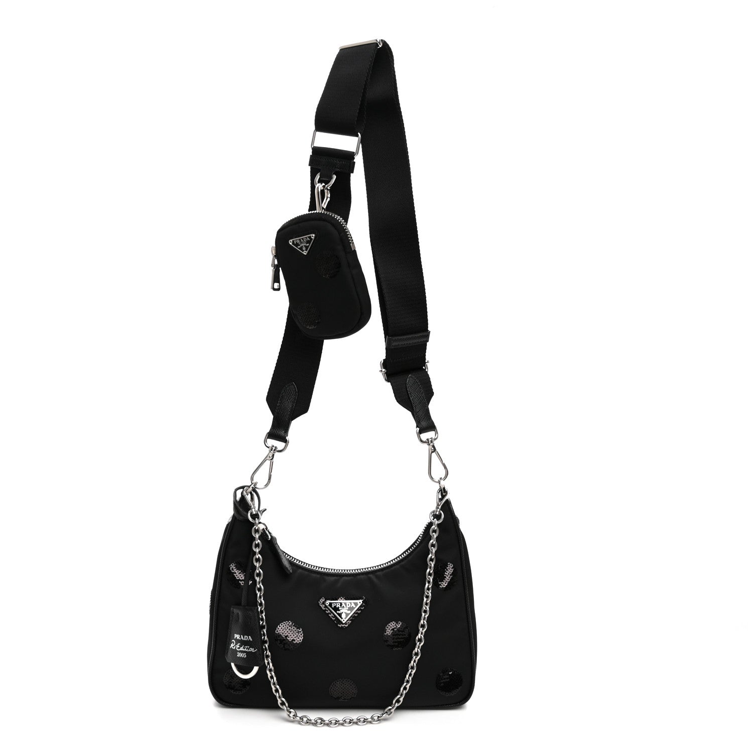 Prada Nylon Sequin Embellished Polka Dot Re-Edition 2005 Shoulder Bag Black
