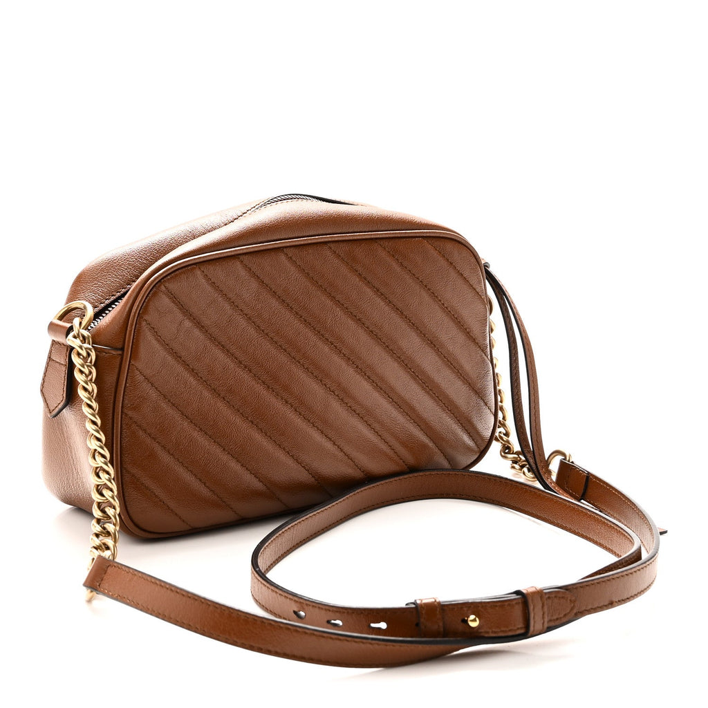Gucci Glazed Calfskin Matelasse Diagonal Small GG Marmont Chain Shoulder Bag Cuir