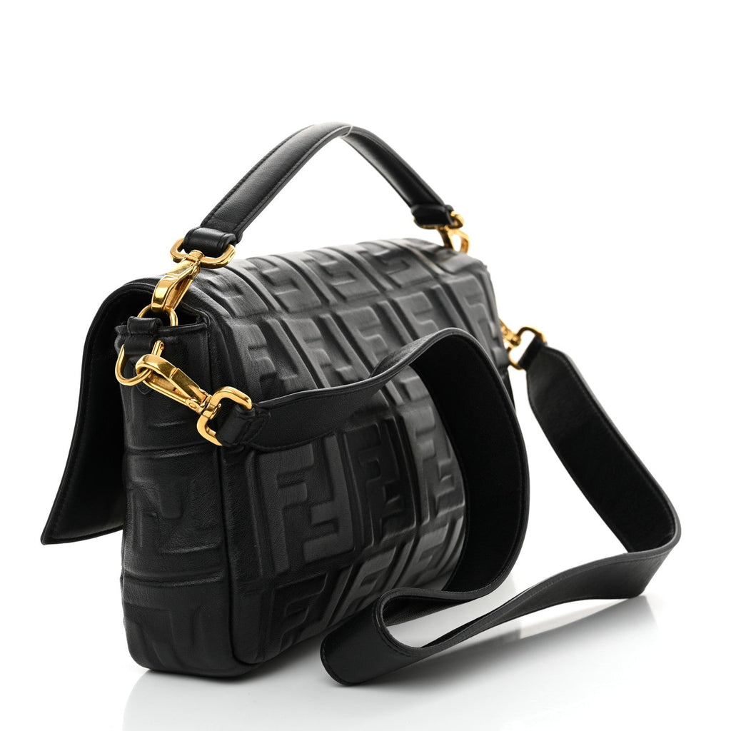 Fendi Nappa FF 1974 Embossed Large Baguette Black
